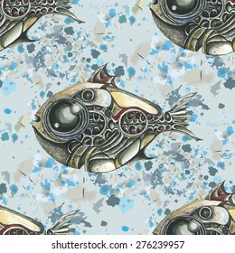 The image of fish in the style of steampunk. Watercolor stains in the background. 
Vector seamless pattern.