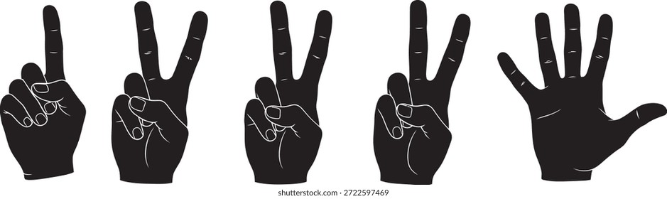 An image of five black hands against a white background making different gestures