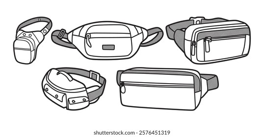 image of five simple black and white side waist bags