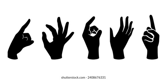 Image of five vector silhouettes of different hands with gestures on a white background.