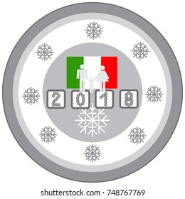 Image of the flag of Italy. 2018 year. Retro image. Print for the designer. Gift card, badge. The avatar element for the player. A business card for the holiday. New Year's snowflakes.