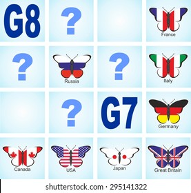 The image flags of the group of seven countries and Russia in the form of butterflies, characterizing the relationship between them