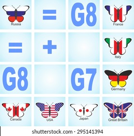 The image flags of the group of seven countries and Russia in the form of butterflies, characterizing the relationship between them