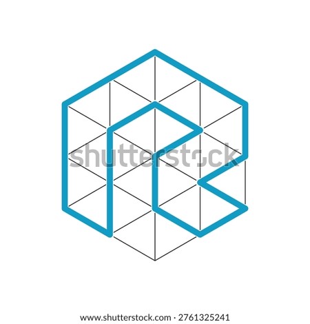 The image is a flat logo design of an initial letter R in hexagonal shape that acts as a framework. The logo looks clean and nice in blue and grey color on a white background. 