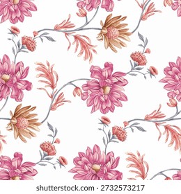 Das Bild ist ein florales Muster mit rosafarbenen, braunen und grauen Blättern und Blumen auf weißem Hintergrund. Es gibt einen grauen Stiel, der sich durch das Bild mit zwei losen Blättern wölbt. Oben rechts im Bild ist eine einzelne Blume mit rosa Blütenblättern, die teilweise braun sind und einen gelben Mittelpunkt haben.