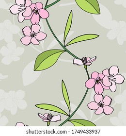 Image of a flowering branch of an apple tree.Vector illustration on a white and colored background.Seamless pattern.