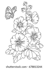 Image of flowers with a butterfly in lines. Vector