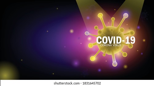 Image of Flu COVID-19 virus cell under the microscope on the blood.Coronavirus Covid-19 influenza banner background.Pandemic medical health crisis disease cell as a 3D render.Social distancing at home