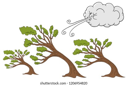 An image of a Fluffy Trees and Cloud Blowing Wind cartoon.