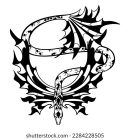 image of a flying fantastic dragon drawn with vector lines and silhouette, beautiful tattoo, decorative element for wrapping paper, wallpaper, fabric, textile, poster