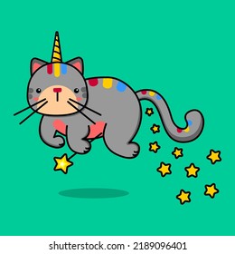 Image flying unicorn cat and magic wand   stars  Vector illustration 