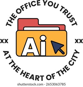 A imagem é de uma pasta com uma tampa vermelha e laranja. A pasta é rotulada "The Office You Trust" e tem um logotipo azul e branco com um cursor do mouse. O logotipo é colocado no centro da pasta