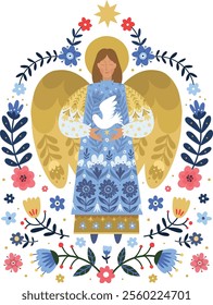 An image of a folk style Christmas Angel with floral ornament on the background. Isolated on a white background.