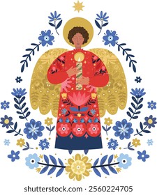 An image of a folk style Christmas Angel with floral ornament on the background. Isolated on a white background.
