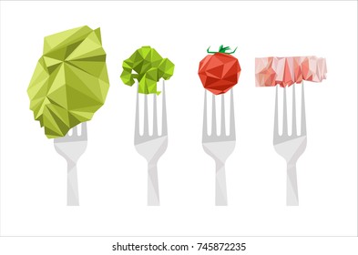 The image of food on forks. Cabbage, broccoli, tomato, bacon. Style Cubism. Vector Image. All elements separated on layers.