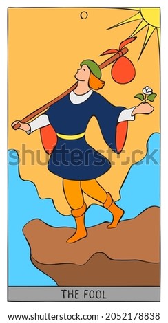 The image of the fool of tarot card. Design of image of tarot card with fool. Vector illustration.
