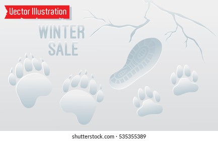 Image of footprint silhouette on snow. Bear tracks, dog footprints, human footprints in the snow. Cracks in the snow. Vector illustration