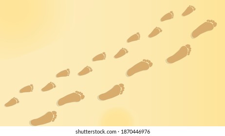 Image of footprints of baby and adult in sand, vector background for summer season, parenthood concept, barefoot