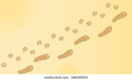 Image Of Footprints Of Dog And Adult In Sand, Vector Background For Summer Season, Friendship Concept