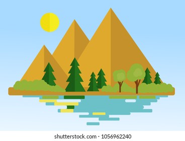image of the forest and the forest at the foot of the sandy mountains on a sunny day