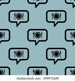 Image of fork, plate, knife in chat bubble, repeated on pale blue background