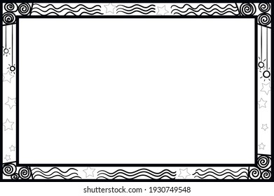 The image is in the form of a decorative frame with wavy patterns and stars.