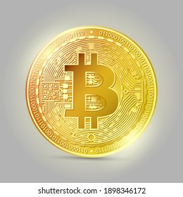 image in the form of a gold sparkling coin of the digital cryptographic currency bitcoin
