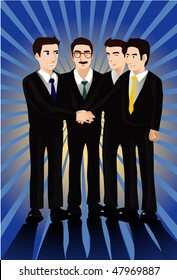 An image of four businessmen standing while two of them are shaking hands