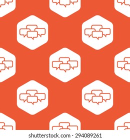 Image of four chat bubbles in white hexagon, repeated on orange background