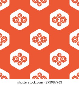 Image of four cogs in white hexagon, repeated on orange background