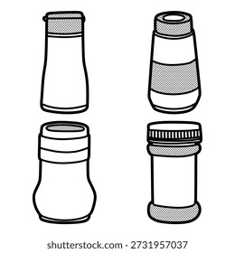 image of four empty bottles in black and white, editable outline