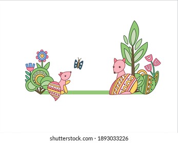 Image of a fox and a fox cub with a butterfly. Vector graphics