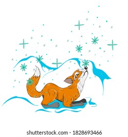 image of a fox on a background of a winter landscape, snowflakes. vector illustration
