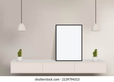 Image frame mockup isolated on cubical cabinet stand, vector illustration