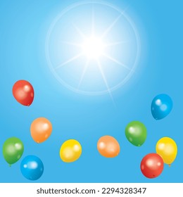 image of freedom. Background illustration of colorful balloons released into the blue sky.