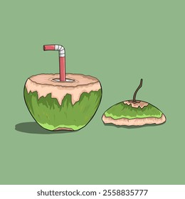 an image of a fresh coconut with a straw and in vector format