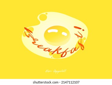 Image of fried eggs with the inscription Breakfast on a yellow background. Appetizing vector illustration can be used as an advertising banner, poster, cover, wallpaper and more.