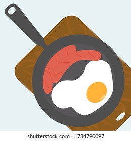 Image of fried eggs with sausages in a pan. Located on a wooden board. Bright, harmoniously selected colors. Flat vector image, top view.
