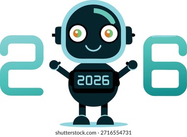 Una Imagen de un simpático robot situado entre los números 2 y 6, con el año 2026 en su cuerpo. El robot tiene una cara sonriente y parece estar celebrando o anticipando el año 2026.