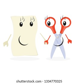 Image of friendship between scissors and paper. Flat style. Cartoon.