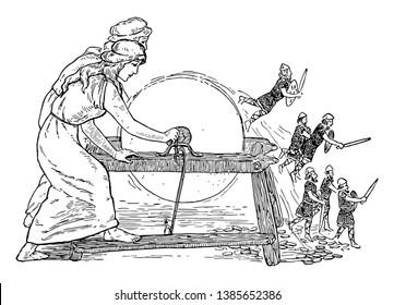 An image of Frodi's Grindstone which a magical grindstone from the fairies and elves. One who grinds the stone and sings would may get whatever they wish, vintage line drawing or engraving