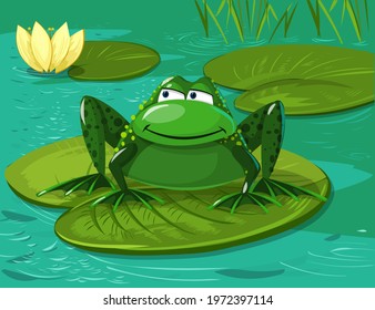 Image of a frog sitting in a lake among water lilies in cartoon style. Green character sitting on a leaf. Vector illustration.