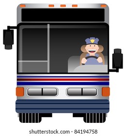 An image of the front view of a bus with driver.