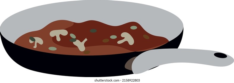 Image of a frying pan while cooking. Red tomato sauce with champignon mushrooms and herbs in a frying pan