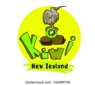 Image of funny bird kiwi, kiwi fruit, text