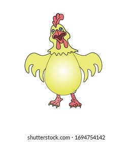 image of a funny chicken. the rooster is yellow red .vector illustration isolated white background. character for Easter.