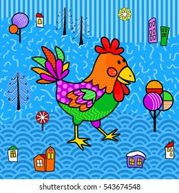 The image of the funny cock on the landscape background in the boho style as a background for a poster, postcards, mock ups