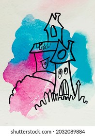 La imagen de un castillo de contorno divertido sobre un fondo de color azul rosa