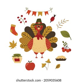 An image of a funny cute Thanksgiving turkey with autumn items. For greeting cards design. Vector illustration.