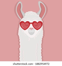 Image of a funny llama wearing glasses in the shape of hearts. Vector illustration of a cute Alpaca. Template for postcards, banners, websites and printing houses.